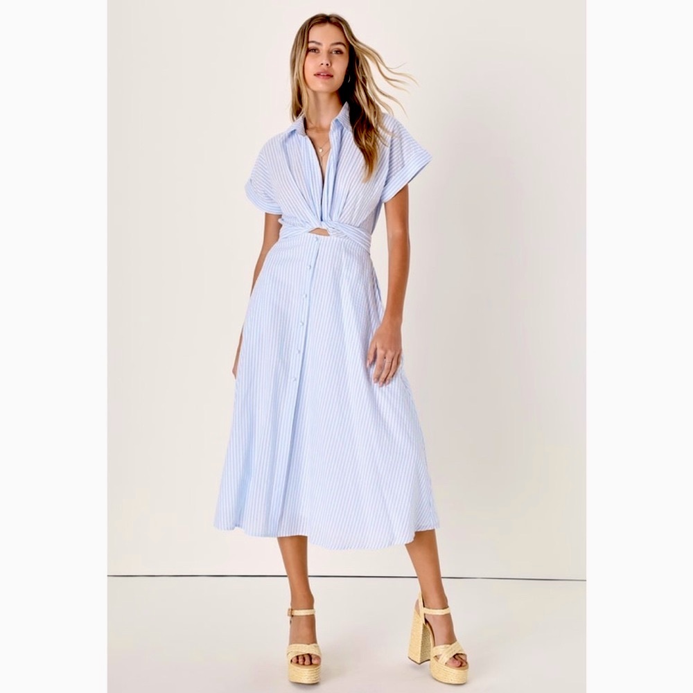 White/Blue Striped Midi Dress w/ Pockets